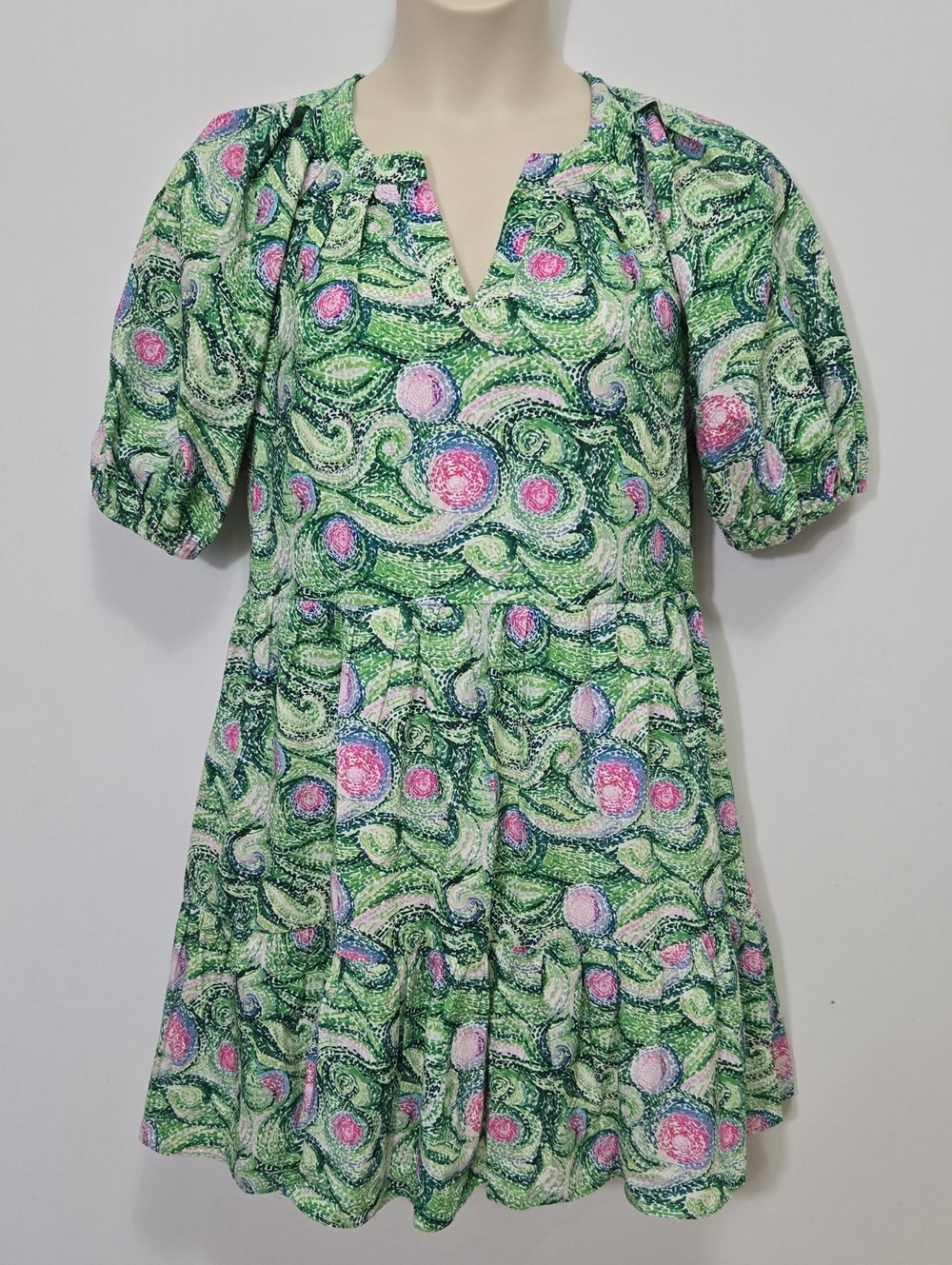 JADE Melody Tam Puff Sleeved Tiered Mini Dress Size S Cotton Green Starry Night